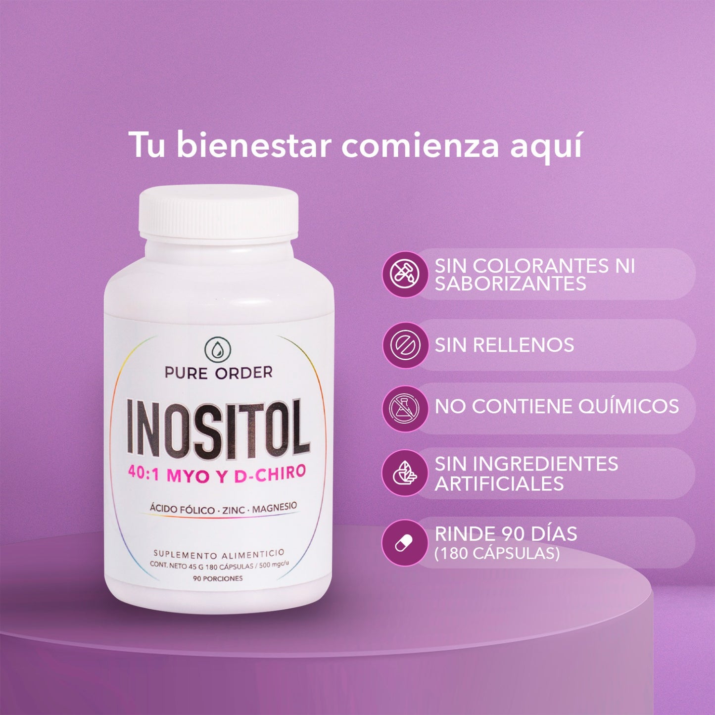 Inositol 40:1 con Ácido Fólico, Zinc y Magnesio | Suplemento en Cápsulas – 180 cápsulas (3 meses)