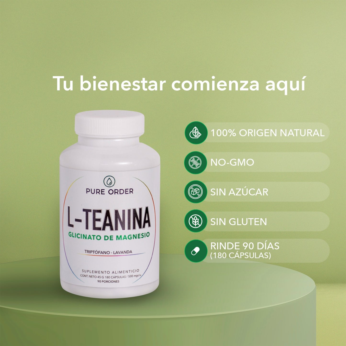 L-Teanina con Glicinato de Magnesio, Triptófano y Lavanda | Suplemento Natural en Cápsulas – 180 cápsulas (3 meses)