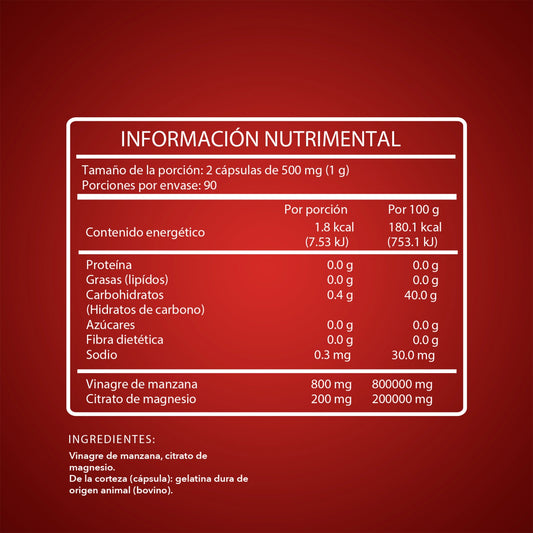 Vinagre de Manzana + Citrato de Magnesio | Suplemento Natural en Cápsulas – 180 cápsulas (3 meses)