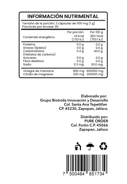 Vinagre de Manzana + Citrato de Magnesio | Suplemento Natural en Cápsulas – 180 cápsulas (3 meses)