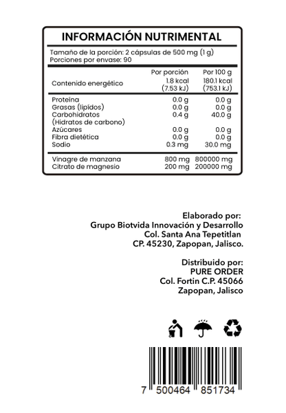 Vinagre de Manzana + Citrato de Magnesio | Suplemento Natural en Cápsulas – 180 cápsulas (3 meses)